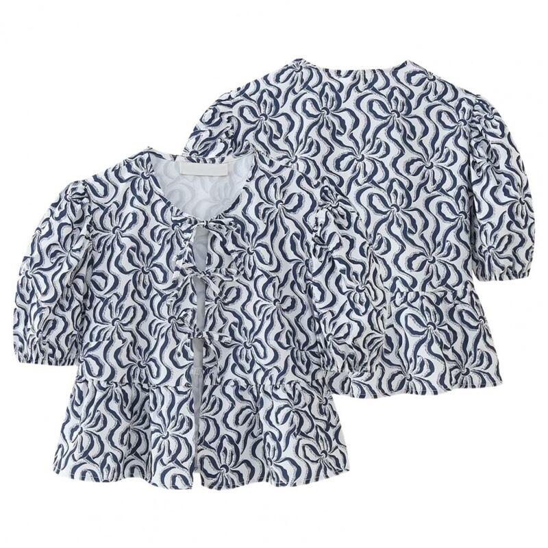 Loose Fit Summer Shirt Stylish Women's Summer Tops Plaid Print Lace-up Bowknot Ruffle Hem Shirt Tie Front Puff Sleeve Blouse
