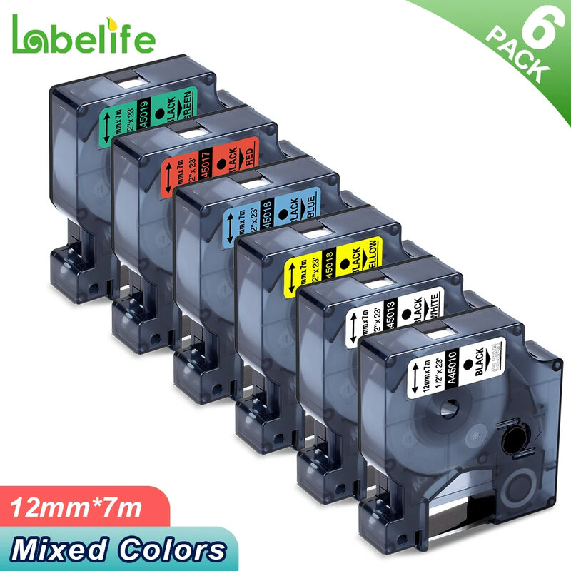 Ruban d'étiquettes de couleurs mélangées, 12mm, compatible avec DYMO D1, 45013, 40913, 43613, 45010, 45016, 45018 pour LabelManager LM160, LM280, lot de 5 à 6