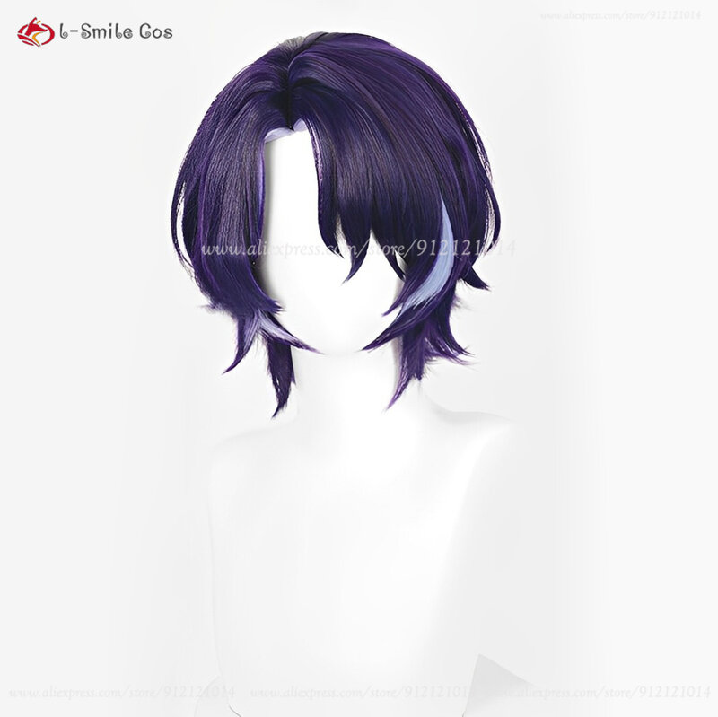 HSR Dr rasio Cosplay Wig Dr rasio 33cm Wig highlight ungu pendek Wig tahan panas rambut sintetis pesta Wig Anime + topi Wig