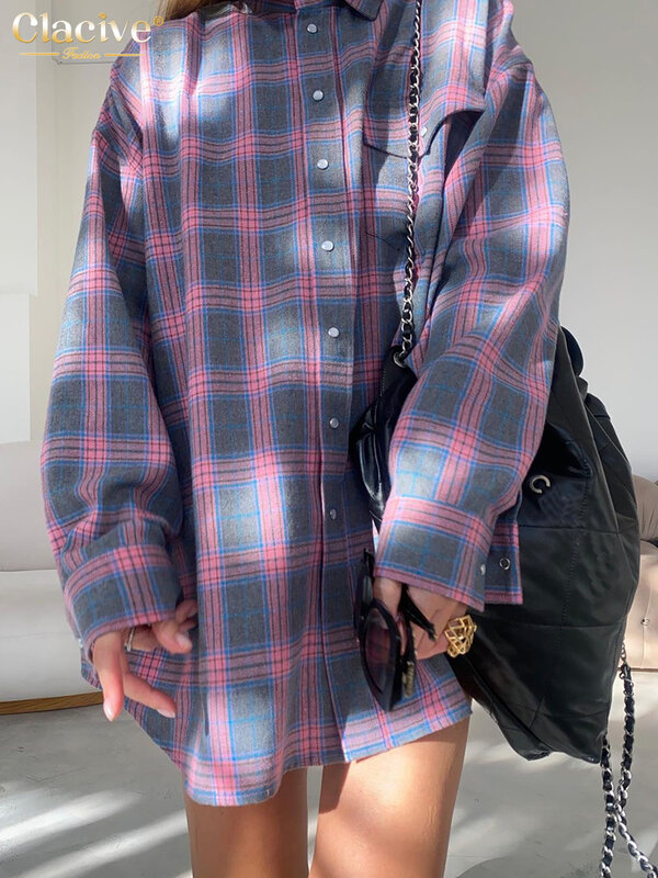 Clacive-camisa holgada Vintage a cuadros para mujer, Blusa de manga larga con solapa, para oficina, 2023