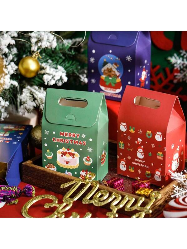 メリークリスマス紙ギフトボックス、パッケージバッグ、パーティーの記念品ボックス、クッキー治療、キャンディーバッグ、セットあたり6個