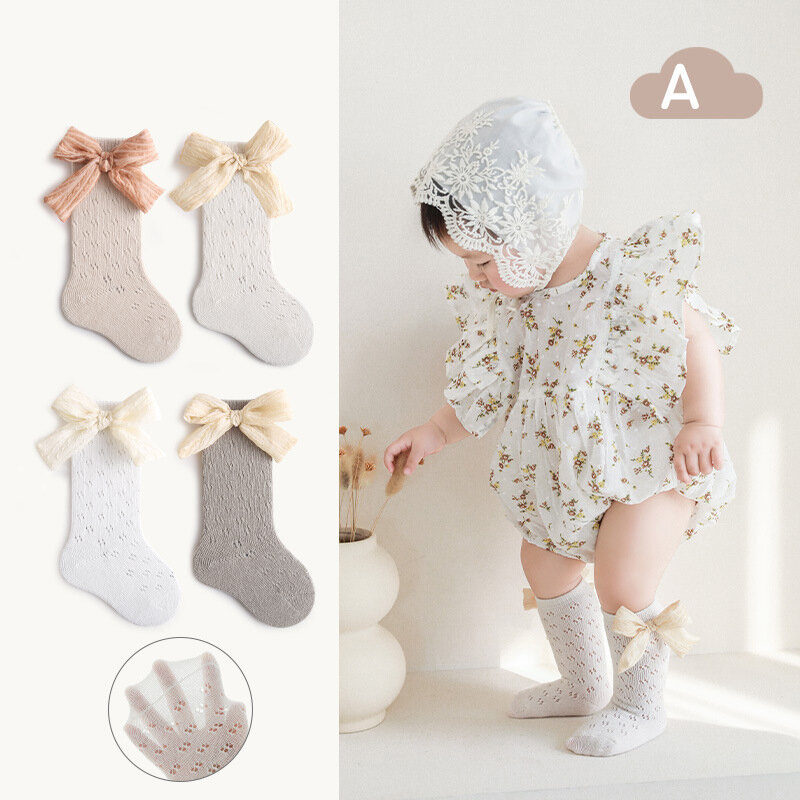 Meias de algodão altas no joelho com nó grande do arco para bebês, jacquard respirável, renda da princesa, primavera e verão, 0-6 anos, 2023