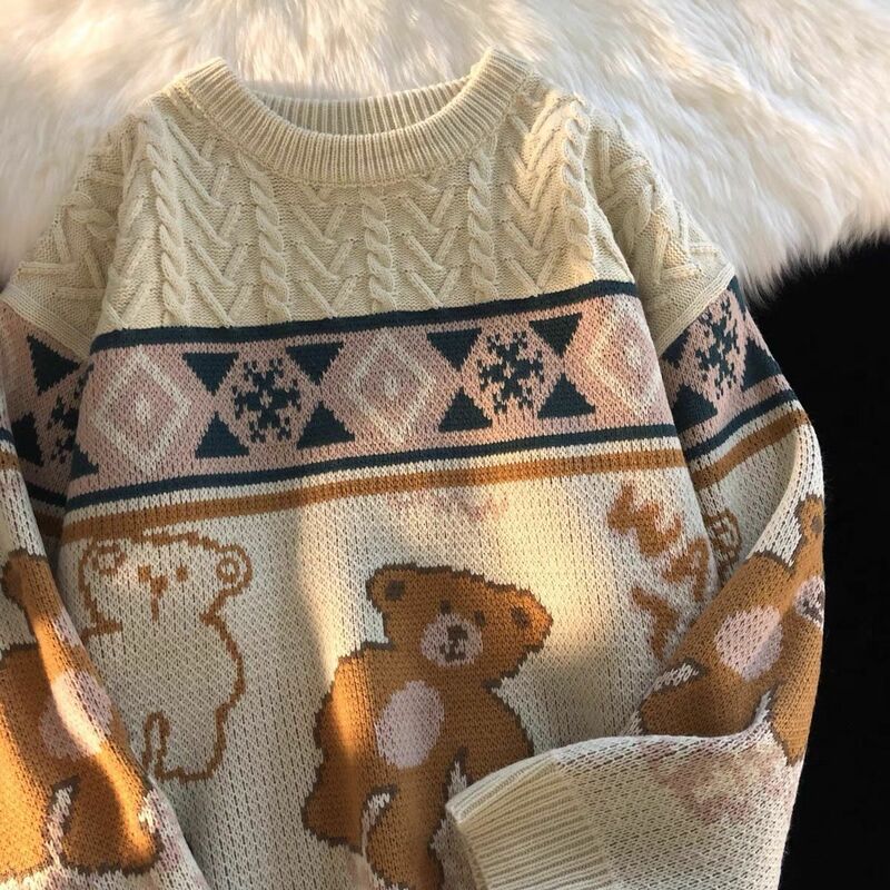 Americano vintage preguiçoso urso design camisolas de inverno casal goth pulôver malhas japonesas 2022 novo em y2k camisola de grandes dimensões