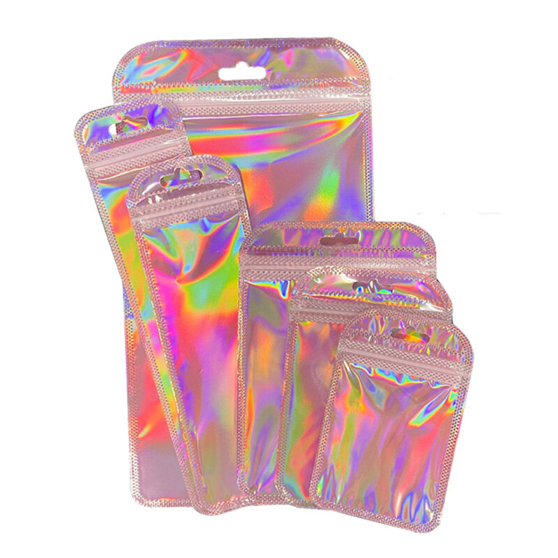 50 Buah Tas Ziplock Warna-warni Transparan Laser Tas Segel Plastik Tebal untuk Tampilan Perhiasan Kerajinan Kemasan Bulu Mata Kuku