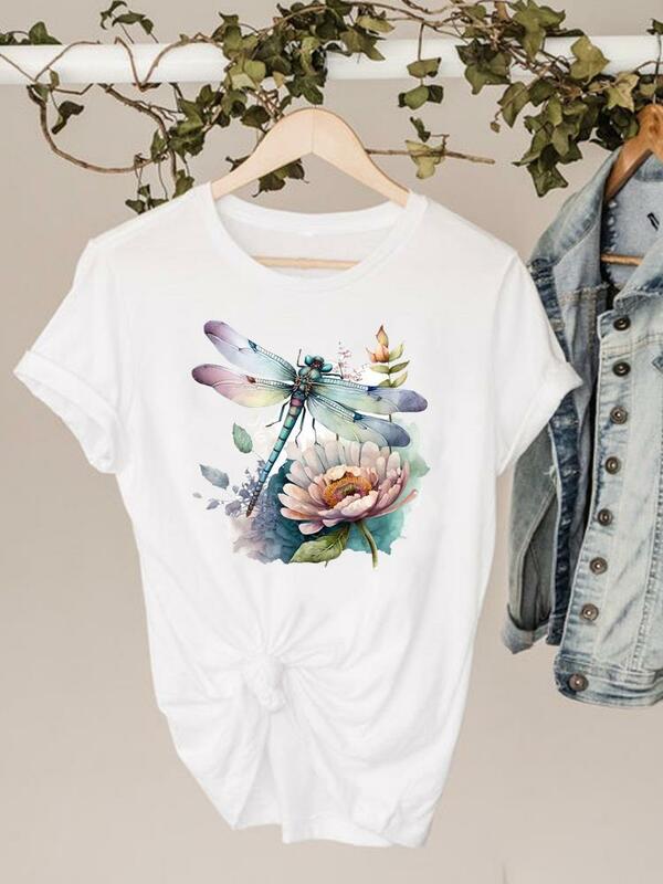 Moda Basic Tee Top abbigliamento donna Flower Dragonfly Trend Cute Graphic manica corta T-Shirt donna stampa T-Shirt abbigliamento