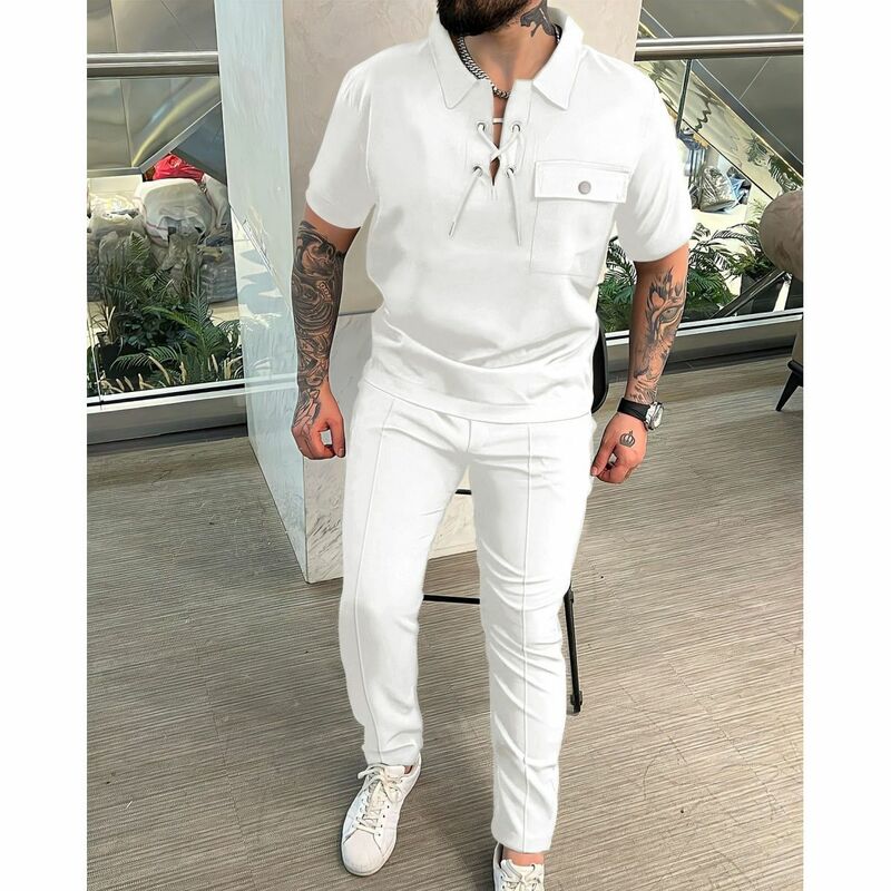 Модный однотонный мужской костюм для осени 2024: Повседневная футболка с коротким рукавом и длинные брюки, индивидуальный костюм в стиле хип-хоп