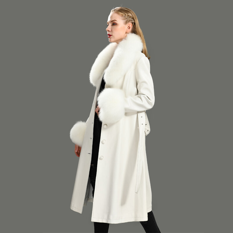 Gabardina de piel de oveja auténtica con cuello de piel de zorro para mujer, abrigo largo, ropa de abrigo cálida, moda de otoño e invierno