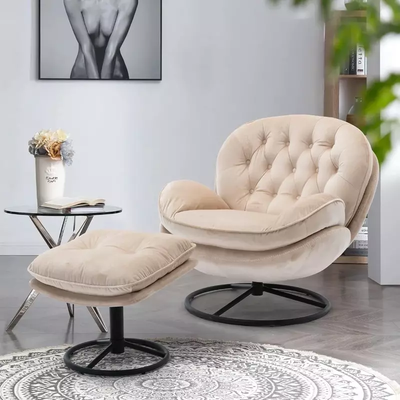 Velvet swivel accent ottoman set, comfortable armchair TV chair, modern chaise longue with ottoman with metal legs