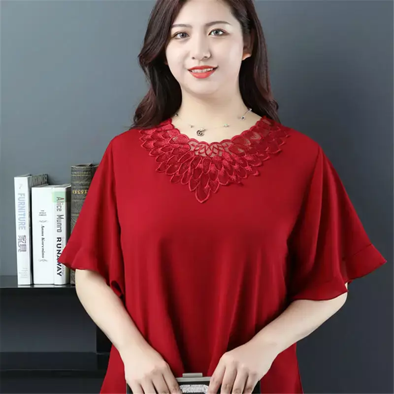 Blusa holgada de chifón para mujer, camisa informal de manga corta con cuello redondo, estilo veraniego