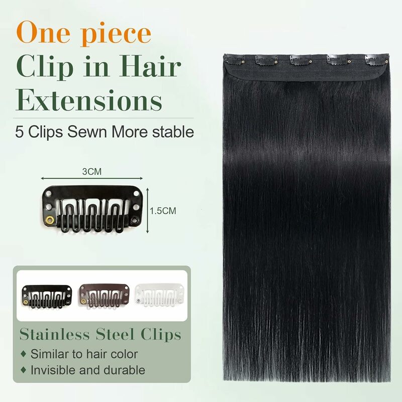One Piece Clip in Hair Extensions 100% Real Human Hair 3/4 Full Head With 5 Clips 16-26 Inch Straight Natural Black #1 For Women