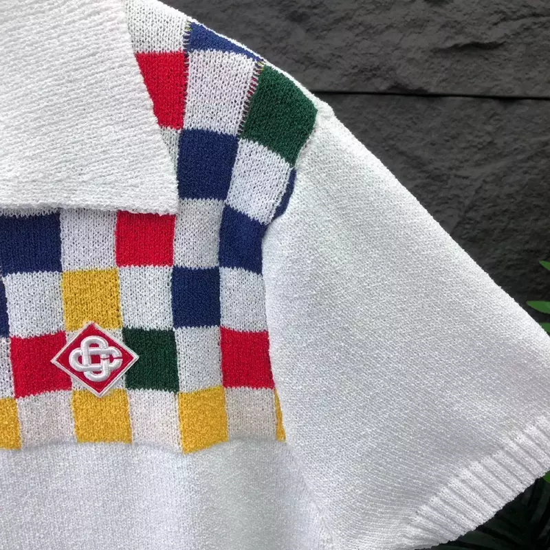 Camicia lavorata a maglia a maniche corte di lusso da uomo primavera estate girocollo color Checkerboard Pattern Pearl Button maglione Vintage