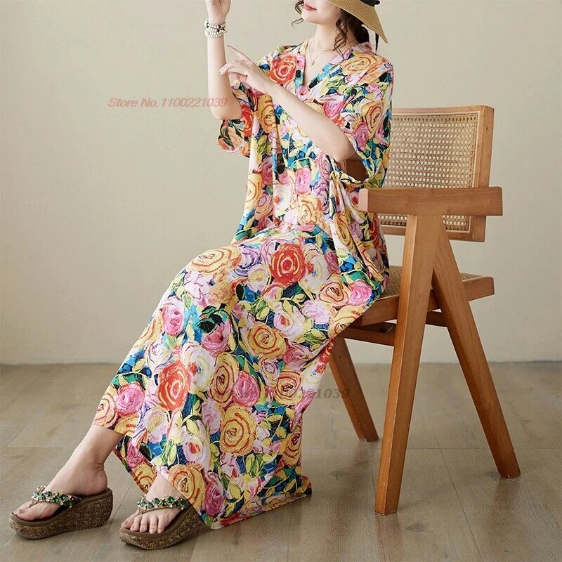 2024 chinese vintage dress traditional flower print v-neck folk dress oriental maxi dress feminino bohemian a-line loose dress