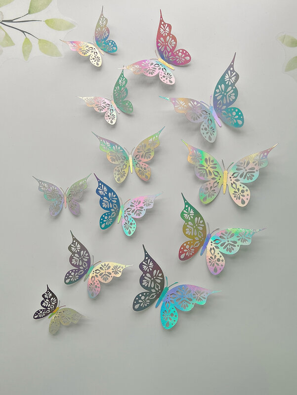Stiker dinding kupu-kupu berongga 3D 12 buah, dekorasi kamar tidur ruang tamu rumah kertas kupu-kupu
