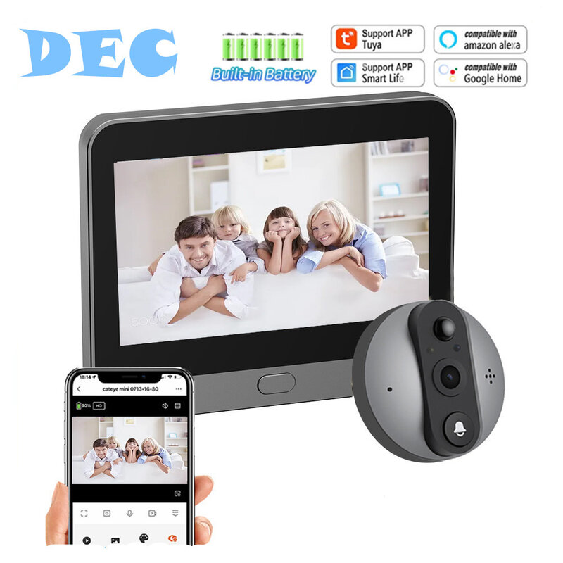Tuya Smart Home Security Door Eye Camera, campainha de vídeo Peephole para casa, 2 Way Audio Ring Bell, sem fio, 2.4G, Wi-Fi, 1080p