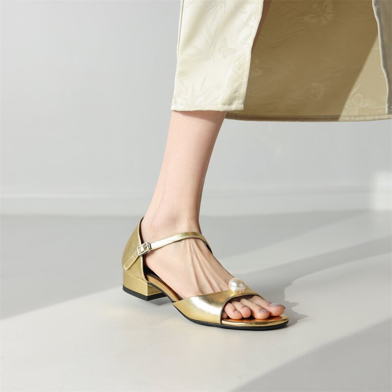 RIZABINA damskie sandały z prawdziwej skóry perłowa dekoracja na obcasie letnie codzienne buty damskie z okrągłym noskiem jednokolorowe buty imprezowe