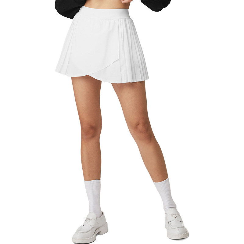 Fake Two-piece Pocket Cross Cut High Waist Slimming Pleated Tennis Skirt Running Dance Sports Short Skirt