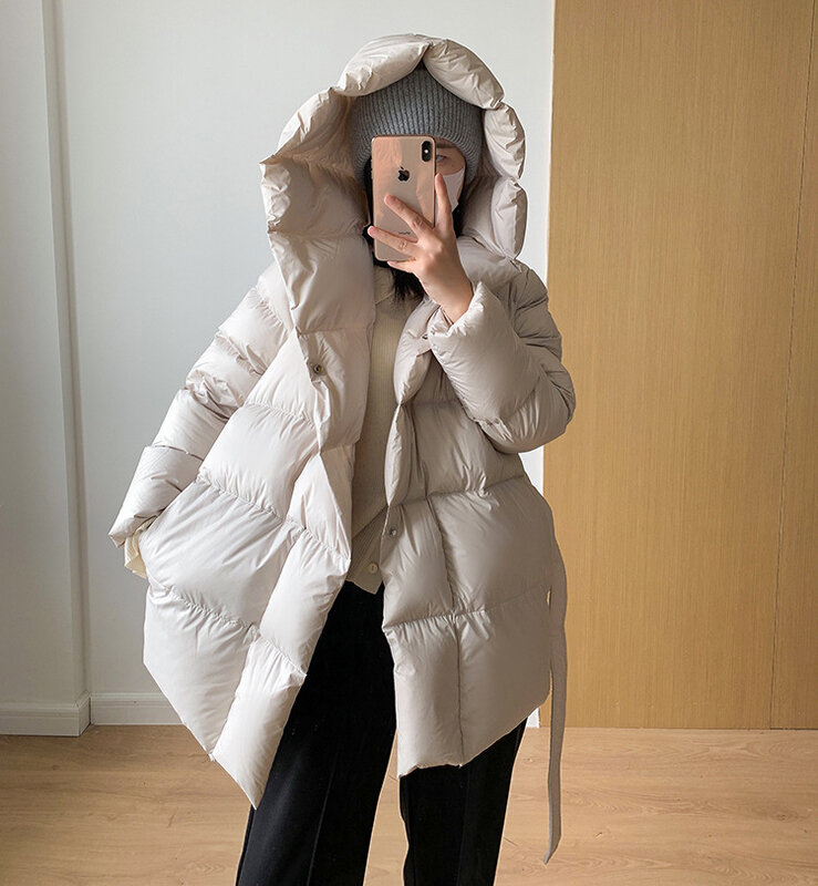 Mantel panjang bertudung untuk wanita, mantel panjang bulu angsa putih ukuran mantel hangat dipertebal untuk pelajar salju musim dingin 2023