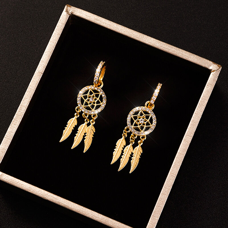 Trendy Exquisite 14k Real Gold Feather Drop Earrings for Women High Quality Jewelry Bling AAA Zircon Ear Buckle Party Fine Gift