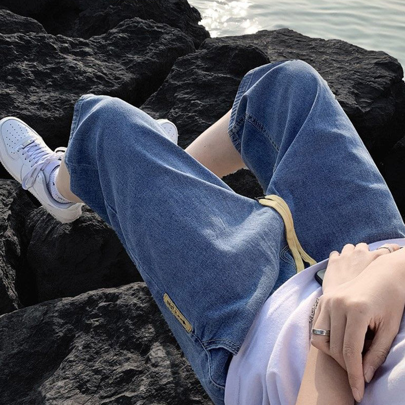 Nowe spodenki jeansowe Capris wersja koreańska modne męskie letnie cienkie luźne proste spodnie ze sznurkiem w pasie 5xl duże