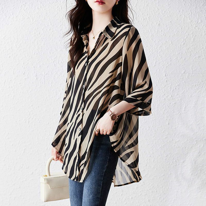 Stilvolle Zebra bedruckte lose Bluse Damen bekleidung pendeln einreihig 2024 Frühling Sommer 3/4 Ärmel koreanischen Polo-Neck-Shirt