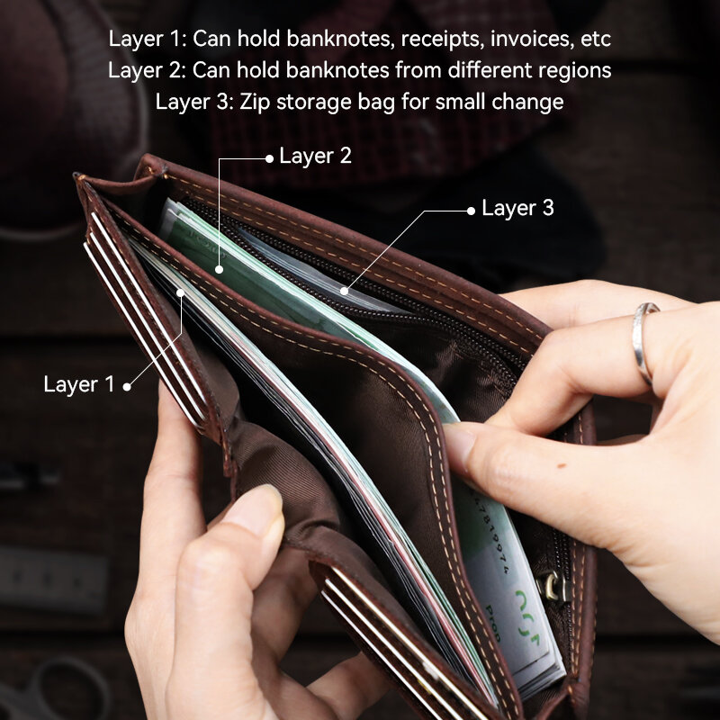 Retro męskie portfel ręcznie robione oryginalne skórzana kieszeń na karty portfel monety portfel z zamkiem błyskawicznym przenośne składany portfel dla mężczyzn