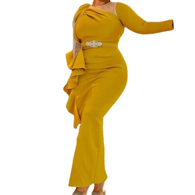 Gaun Afrika S-5XL untuk wanita musim panas wanita Afrika gaun panjang poliester hijau tua kuning lengan panjang pakaian Afrika Wanita