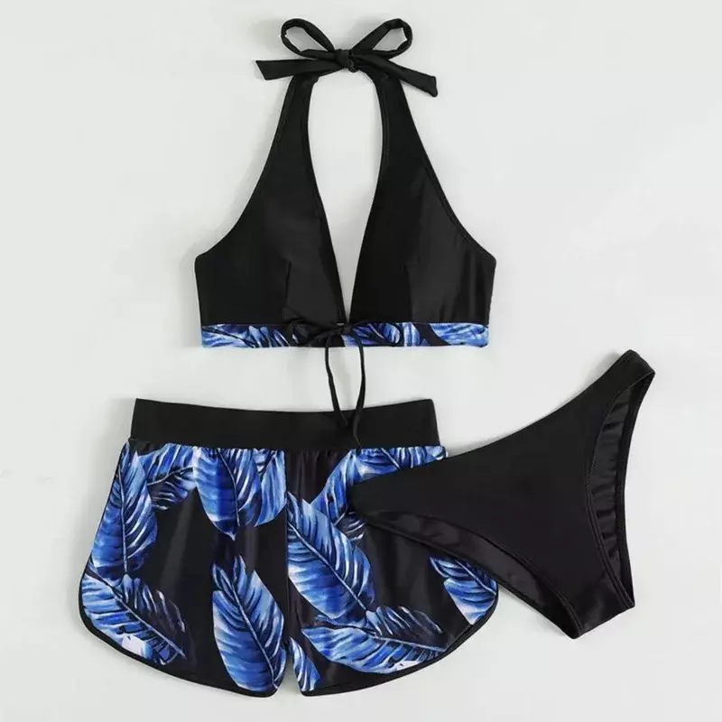 Conjunto de biquíni com estampa de três peças para mulheres, maiô de cintura alta, maiô, beachwear, swimwear sexy, moda praia