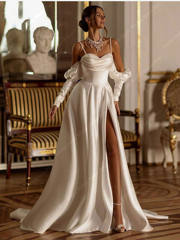 Modne minimalistyczne suknie ślubne nowe wysokie widelce szata na przyjęcie włochata spódnica rąbka kryształowe ozdoby Vestidos De Novia
