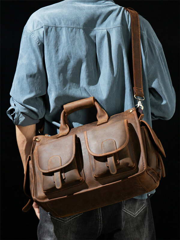 Porte-documents vintage en cuir véritable pour hommes, sac à main de luxe, sac de messager de travail, mallette de voyage d'affaires, sac de cheval fou, haute qualité