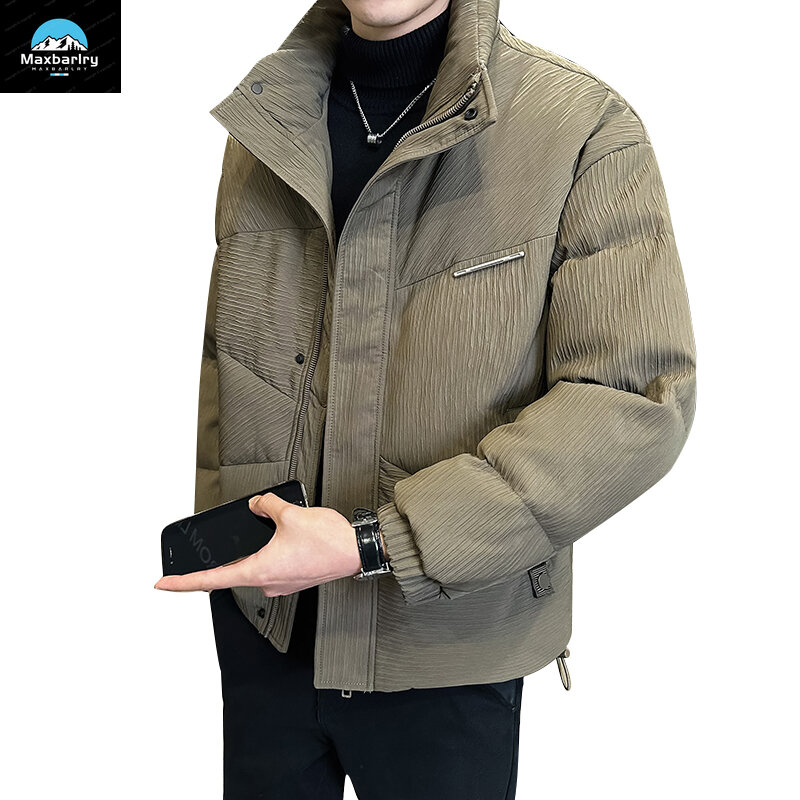 Luksusowa męska kurtka puchowa 2024 moda zimowa z wysokim kołnierzem biała płaszcz z kaczego puchu ocieplana krótka męska lekka ciepła kurtka