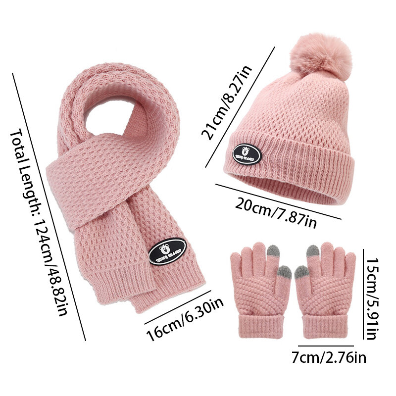 3 buah topi rajut anak-anak, sarung tangan syal musim dingin bayi beruang Label Beanies Outdooor beludru tahan dingin aksesori hangat