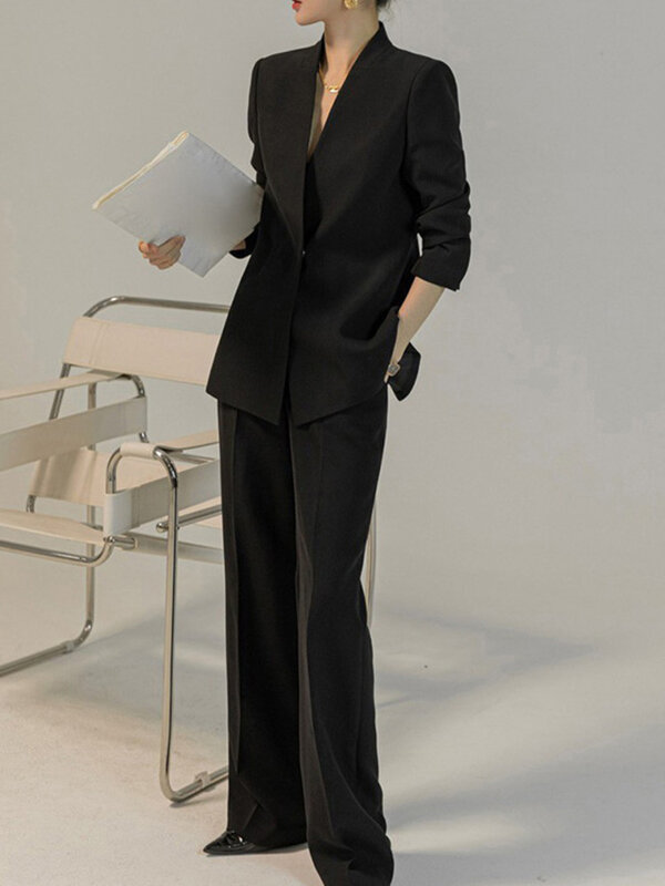 BZVW Office Lady Suits Blazers Women Single Button V-Neck Blazers High Waist Wide Leg Pants 2024 Spring New Y2k Clothes 26D9041