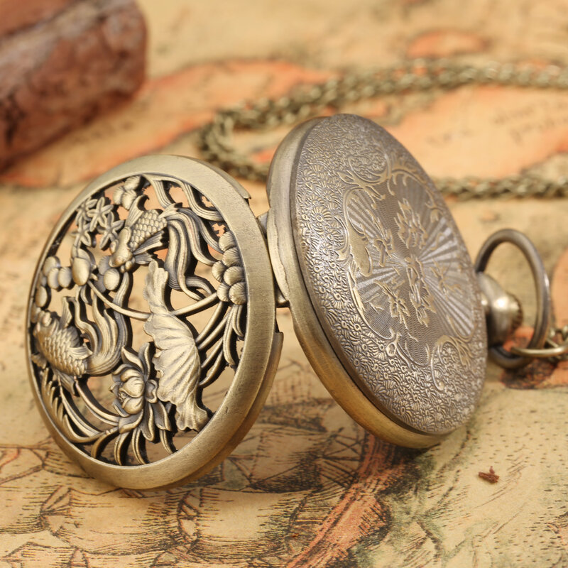 Reloj de bolsillo de cuarzo de cadena gruesa/fina, colgante con patrón de carpa de loto 3D, reloj exquisito, regalo coleccionable Unisex