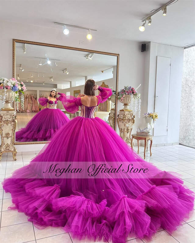 Meksyk fioletowy z ramienia sukienka na Quinceanera 2023 wyszywana kryształkami gorset sukienka na studniówkę suknia balowa marszczona słodka 16 Robe De Bal