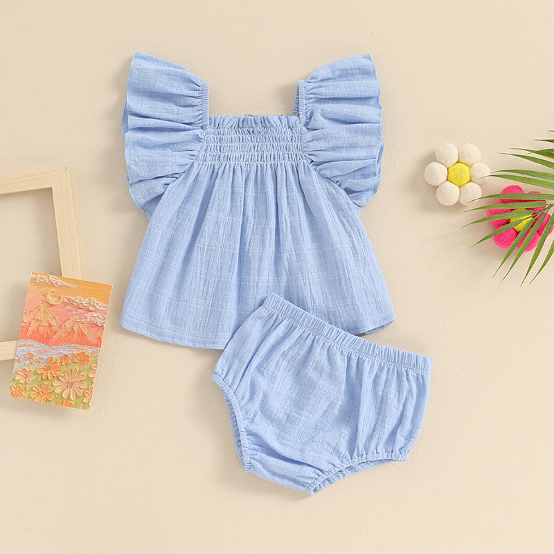 2024-03-20 Lioraitiin 0-3Y Cute Baby Girls Summer Outfits Solid Color Ruffles Tank Tops and Elastic Shorts Set Clothes