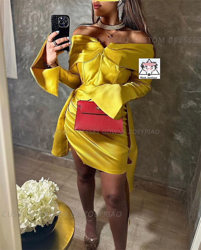 Золотые вечерние мини-платья с длинным рукавом, официальное женское атласное коктейльное платье для выпускного вечера, Клубное женское строгое платье 2024