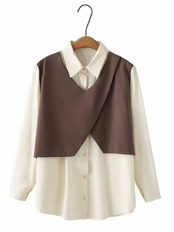 Odzież damska Plus Size wiosenna i jesienna klapa z długimi rękawami jednorzędowa koszula asymetryczna, sztuczna dwuczęściowa