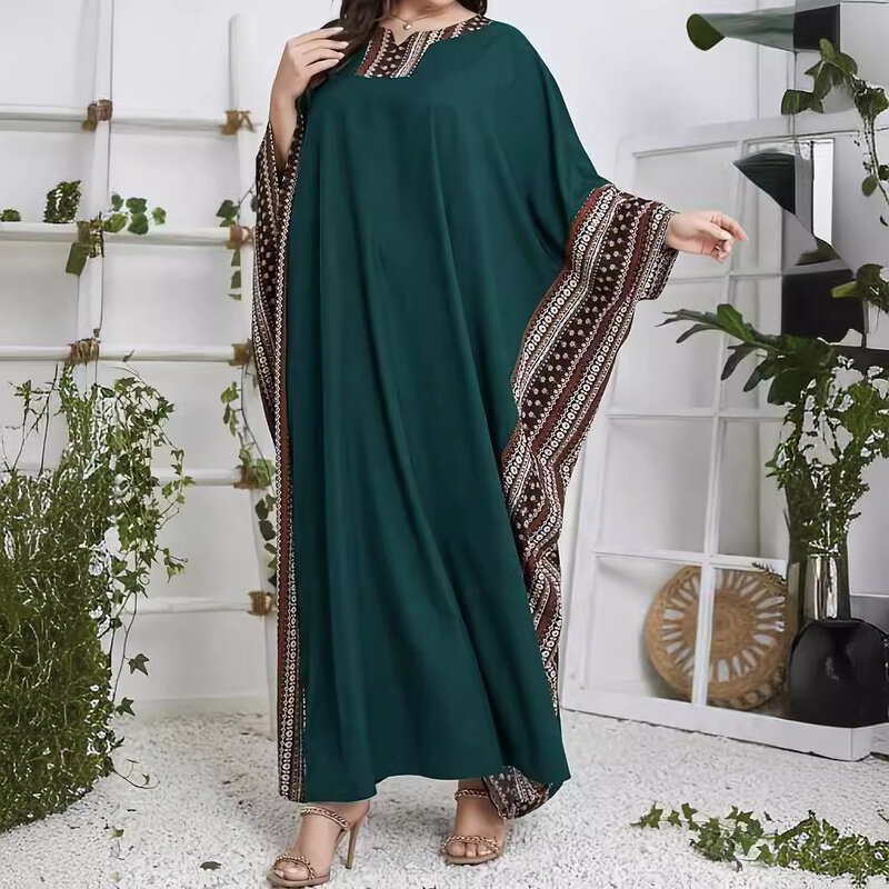 Vestido de robe contraste de mangas de bastão feminino, vestido árabe, muçulmano