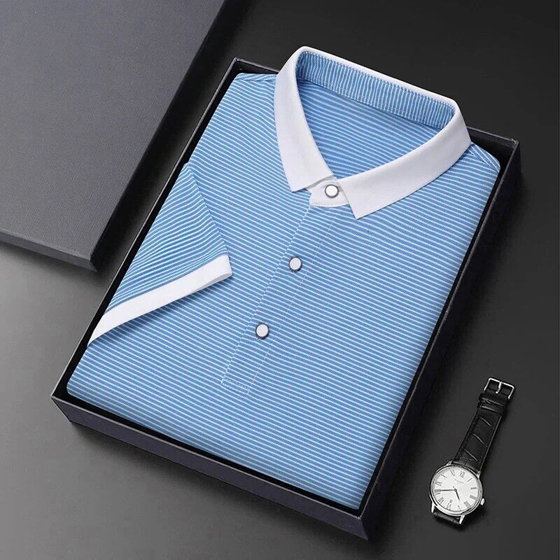 Fashionable Men's Stripe Polo Shirt Top for Smart Casual Business Leisure in Spring/Summer