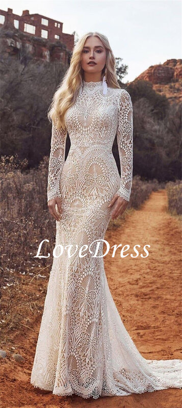 Lovedress-vestidos de noiva sereia pescoço para mulheres, apliques de renda, vestidos de casamento simples sem encosto
