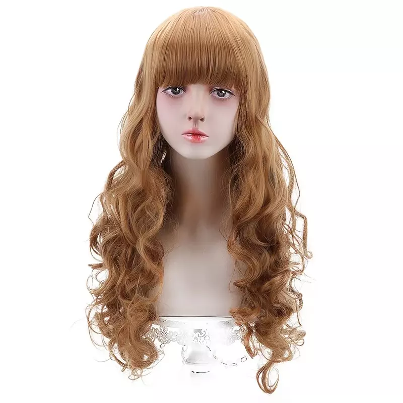 Wig sintetis berombak panjang alami 42 inci untuk wanita, wig Cosplay serat suhu tinggi cokelat pirang merah muda dengan poni