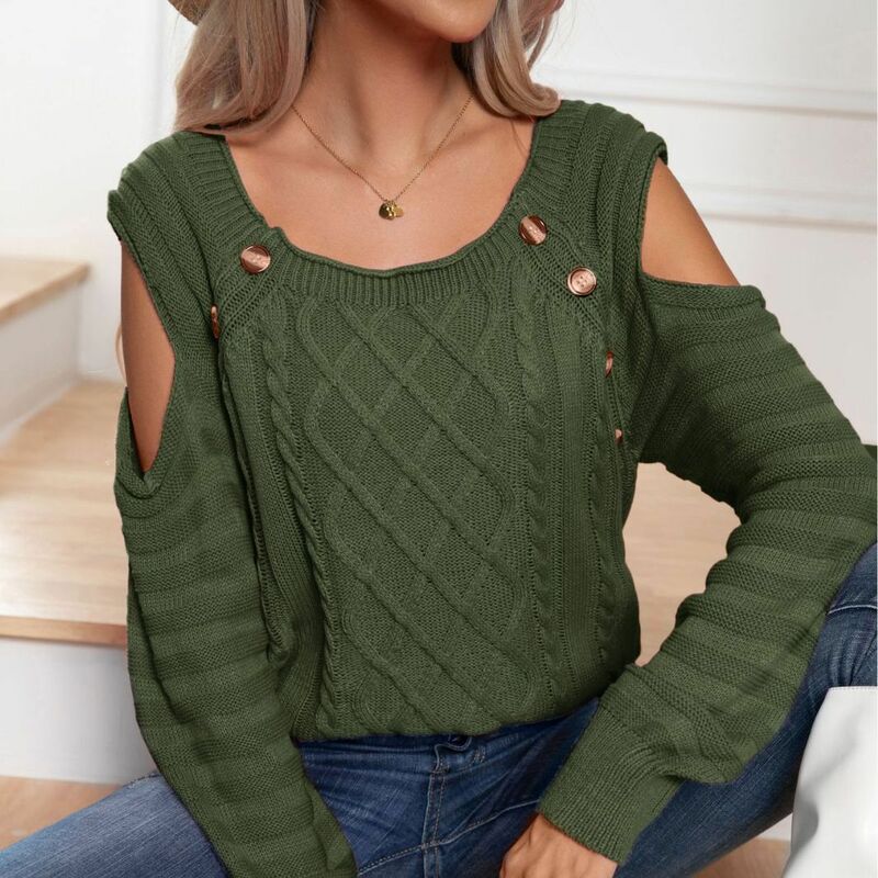 Casual Loose Sweater For Women Autumn Winter Fashion Button Long Sleeve Sweaters Sexy Hollow Out Pullover Knitted T Shirt Top