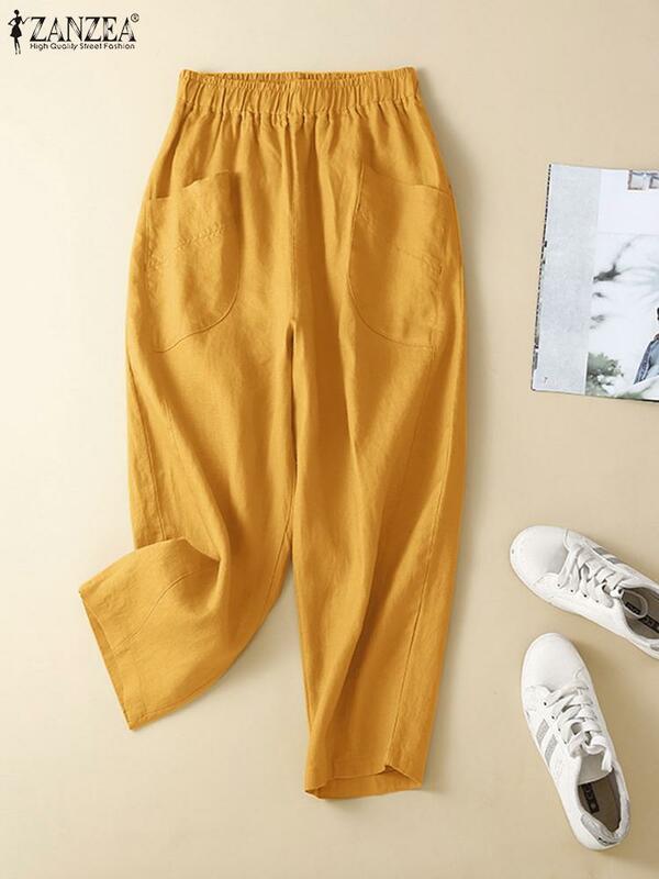 Zanzea-Calças largas com cintura elástica para mulheres, calças compridas de cor sólida, fundo de streetwear extragrande, verão, 2022