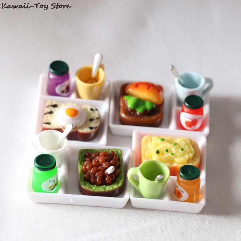 5pcs/set Dollhouse MIniature Toast Bread Jam Dinner Plate Cup Spoon For Doll House Play Kitchen Accessoreis