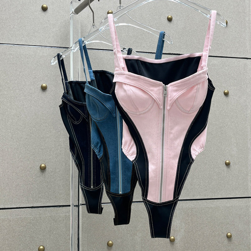 Streetwear damskie patchworkowe dżinsowe body jednoczęściowy pasek różowy suwak body kombinezon Skinny jeansowy strój jednoczęściowe kombinezony robocze
