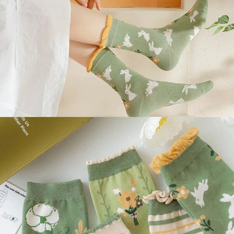 Chaussettes à froufrous en dentelle pour femmes, chaussettes d'équipage Harajuku Cartoon, broderie de fleurs, mode coréenne, filles douces japonaises, vert, nouveau