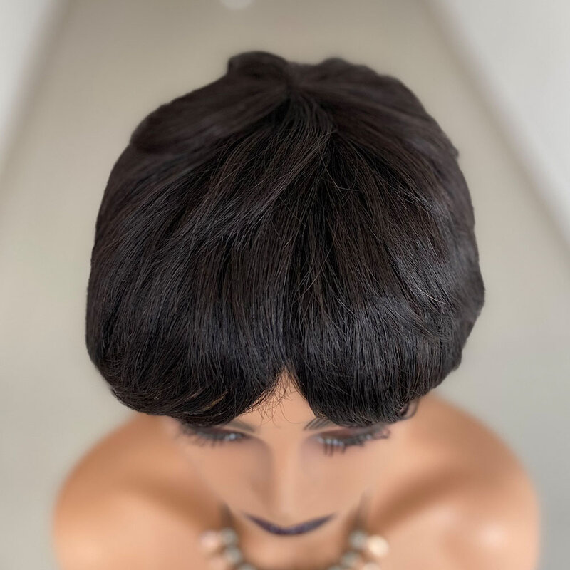 Short Straight Human Hair Wigs With Bangs Natural Color Brazilian Remy Hair Pixie Cut Wig Cheap Human Hair Wig For Black Women