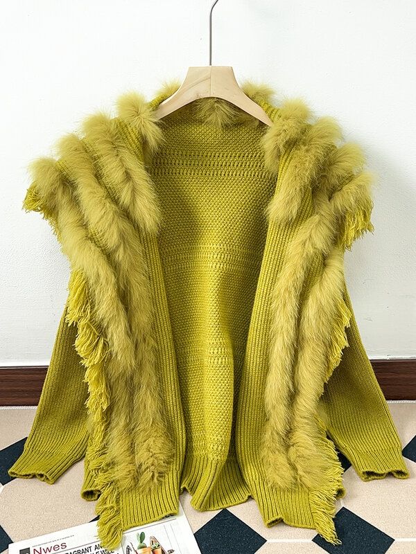 Nowy luźny i luźny sweter z sweter dziergany w stylu lisa z futrzanym przeszyciem