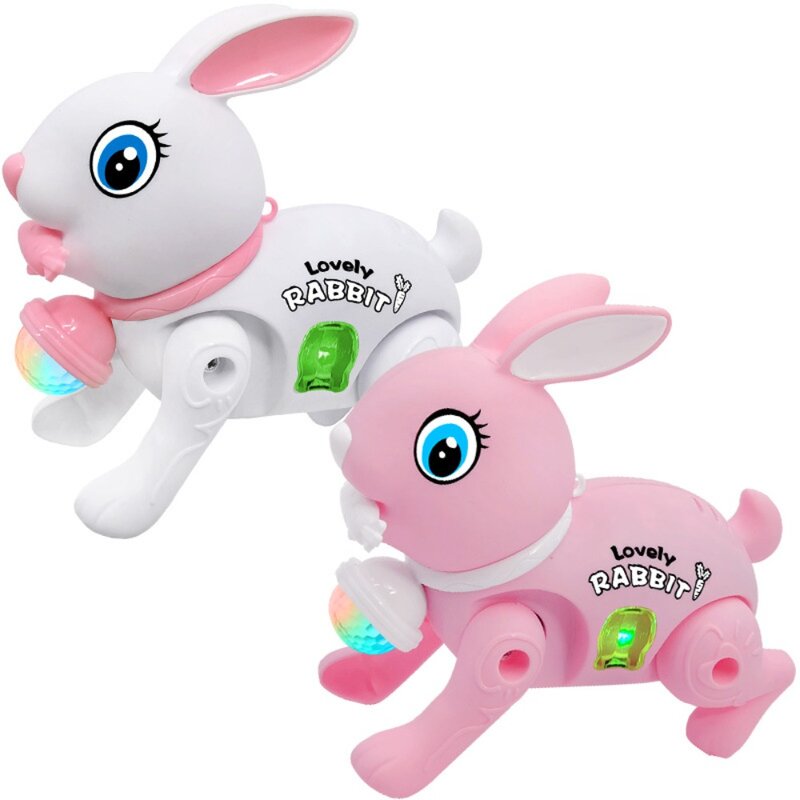 Luminescente Electronic Walking Rabbit com corda de tração, Lovely Cartoon Crawling Toys, Música cor aleatória