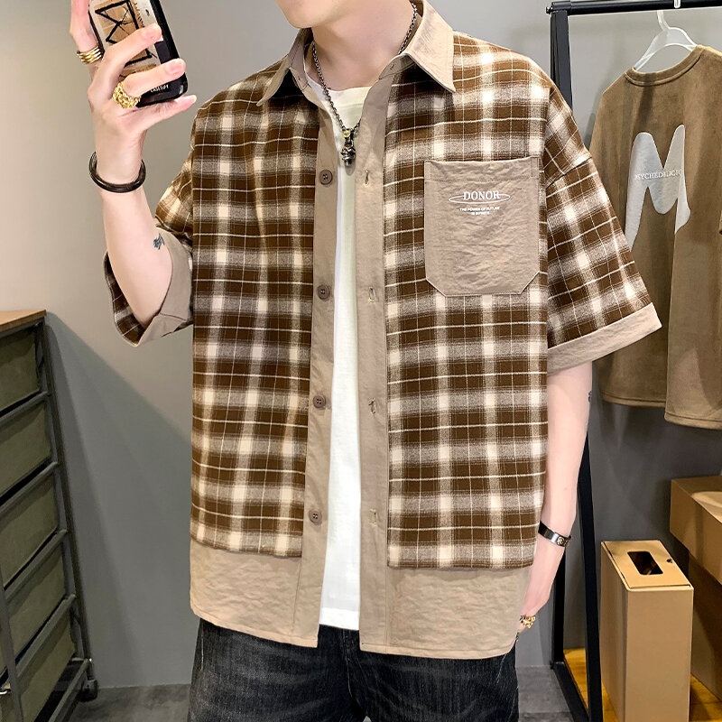 Harajuku Summer Letter Print Short Sleeve Plaid Shirt for Men Lapel Patchwork Hip Hop Overalls Streetwear Vintage Loose Tops Tee